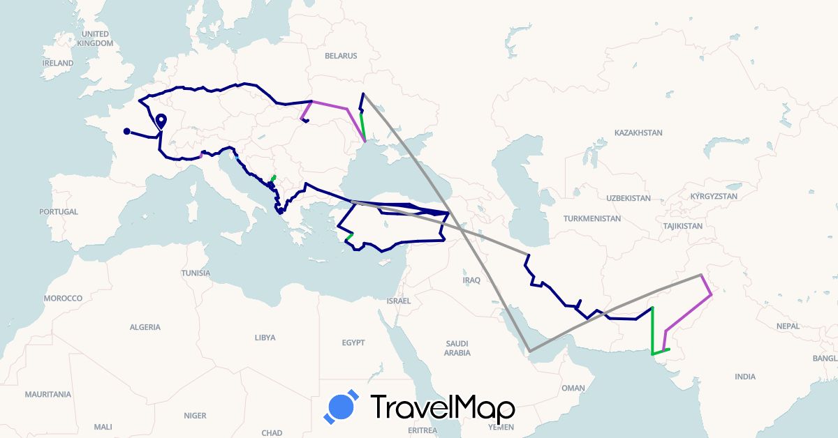 TravelMap itinerary: driving, bus, plane, train, boat in Albania, Belgium, Bulgaria, Germany, France, Croatia, Iran, Italy, Montenegro, Macedonia, Pakistan, Poland, Qatar, Slovenia, Turkey, Ukraine (Asia, Europe)